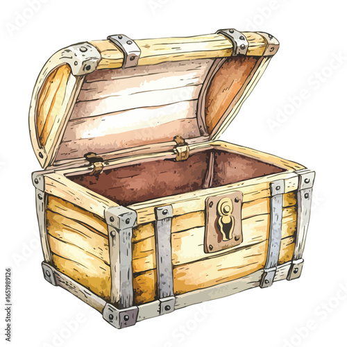 Open Wooden Treasure Chest with Metal Reinforcements and Keyhole Detail