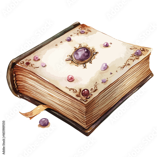 Ornate Antique Book with Gemstone Clasp and Watercolor Detailing