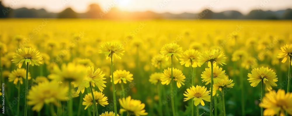 Obraz premium Vibrant field of rapeseed flowers in full bloom, bathed in golden sunlight A stunning display of nature's beauty, perfect for spring and summer themes , botany, yellow