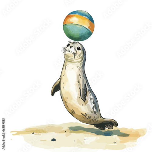 Playful Harbor Seal Balancing Striped Ball on Head