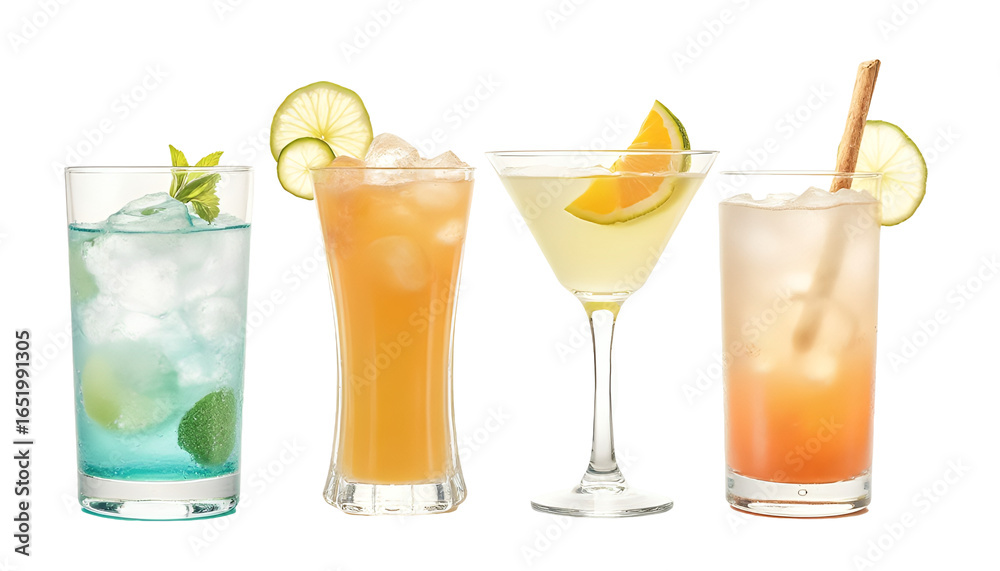 Assorted Refreshing Summer Cocktails with Citrus and Herbs Isolated on White Assorted Refreshing Summer Cocktails with Citrus and Herbs Isolated on White