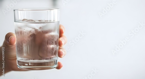 Refreshing cold water with ice in a glass held by a hand, perfect for thirst and hydration