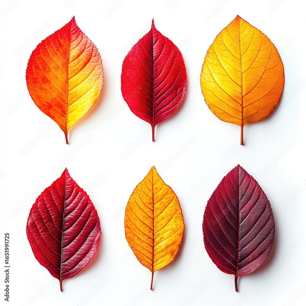 Fototapeta premium Six vibrant autumn leaves in various shades of red and yellow, arranged in a grid pattern against a white background