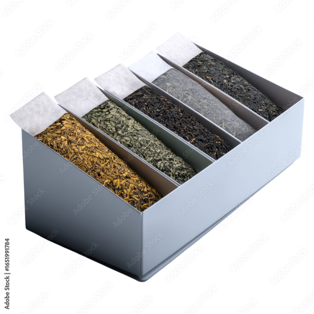 Assorted Herbal Tea Bags in Box with Sachets Fanned Out Display Assorted Herbal Tea Bags in Box with Sachets Fanned Out Display