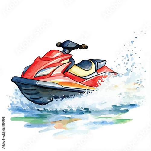 Red and Blue Jet Ski Leaping Through Watercolor Waves with Artistic Flair