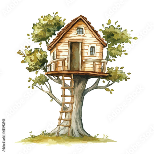 Rustic Wooden Treehouse with Ladder and Balcony Nestled in Lush Green Tree