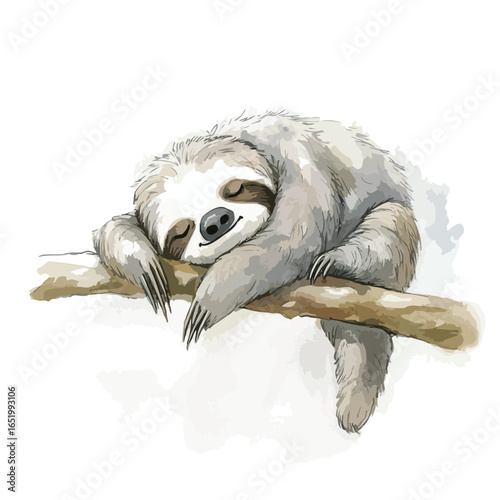 Serene Sloth Napping on Branch Watercolor Illustration