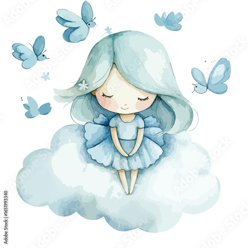 Serene Watercolor Girl on Cloud with Blue Butterflies