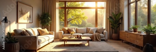 Cozy and inviting living room, perfect for relaxation and family time Natural light streams through large windows, highlighting comfortable furniture and warm decor , house, home design, rustic