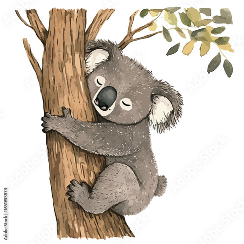 Sleeping Koala Hugging a Tree Trunk with Green Leaves Above