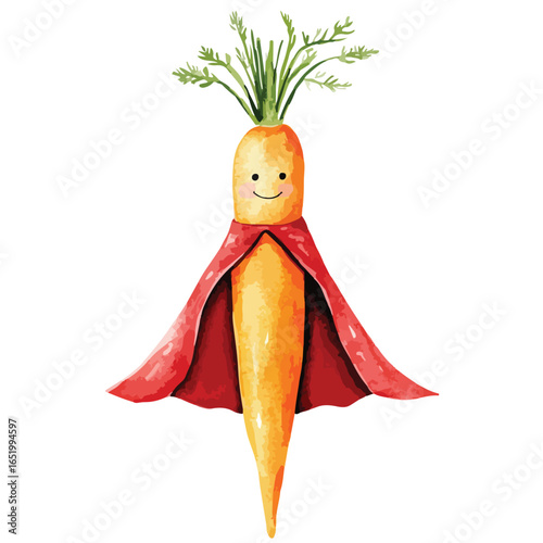 Smiling Carrot Superhero with Flowing Red Cape and Green Leafy Hair