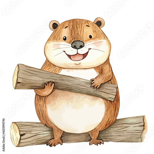 Smiling Cartoon Beaver Holding Log Watercolor Style Happy Expression