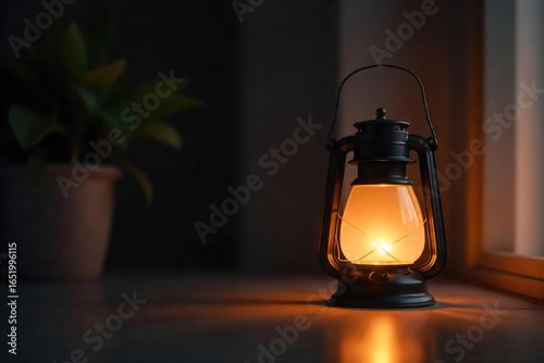 A stylish modern lantern illuminates a dark room, casting warm, inviting light Perfect for interior design, home decor, and ambiance photos Elegant and sophisticated design , industrial, style