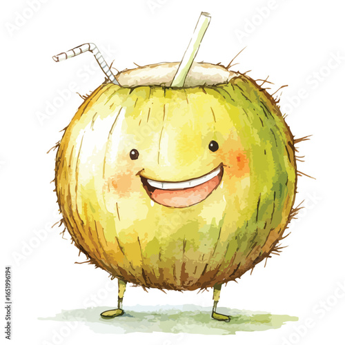 Smiling Coconut Cartoon Character with Straw Happy and Playful Expression