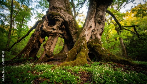 Ancient Gnarled Tree with Intricate Details Surrounded by Vibrant Greenery and Delicate Wildflowers