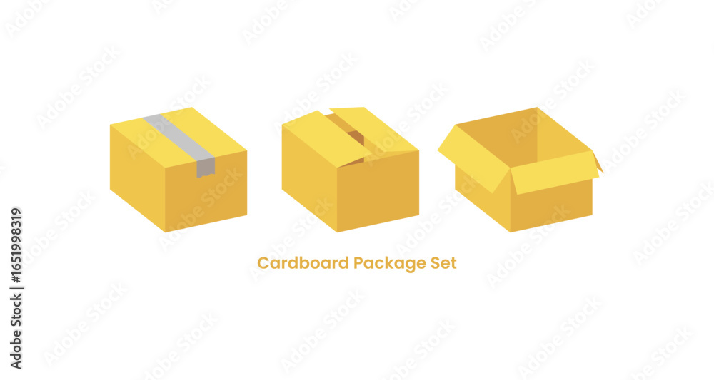 Fototapeta premium Cardboard box vector illustration set. Various styles of open and closed boxes perfect for delivery, shipping, and packaging concepts. Simple flat design