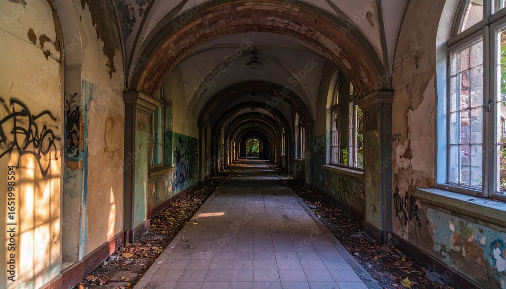 Obraz premium Abandoned Hallway with Archways and Graffiti in an Old Building Surrounded by Nature and Decay