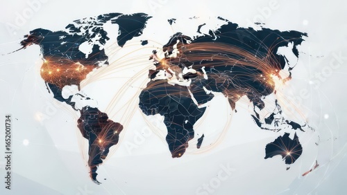 Dynamic World Map with Glowing Orange Lines Illustrating Global Digital Connectivity and Business Flow