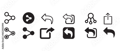 Share And Return Icon Set. 12 Minimalist UI Symbols for App Navigation, Undo Actions & Social Sharing Interfaces.