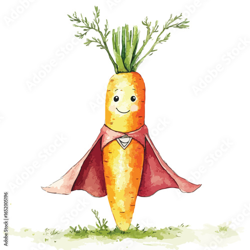 Smiling Superhero Carrot with a Red Cape and Green Foliage Crown