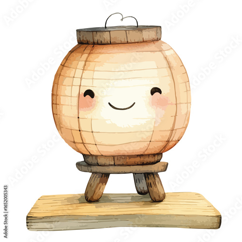 Smiling Tan Lantern with Wooden Stand and Top Cute Cartoon Style