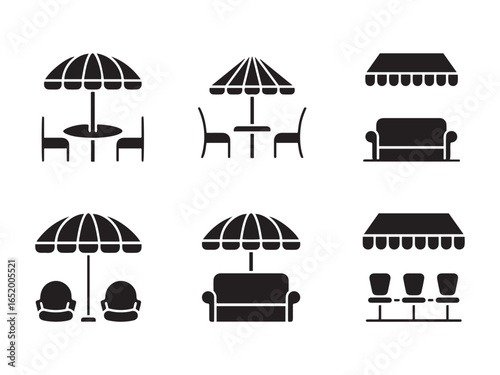 Outdoor Seating Icon Set. 6 Black Silhouettes of Tables, Chairs & Lounges Under Umbrellas and Awnings for Café, Patio & Hospitality Design.