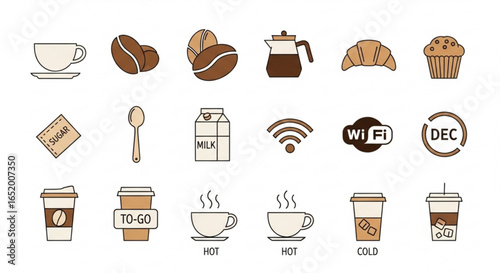 Collection of coffee and breakfast icons, including coffee beans, cups, and pastries
