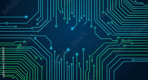 Abstract technology background with circuit board lines and glowing dots in blue and green colors