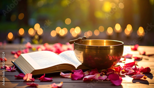 Golden Singing Bowl Next To Open Book And Rose Petals With Candles Background Lighting