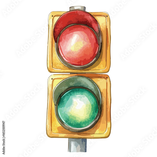 Stylized Traffic Light with Red and Green Signals in Watercolor Style