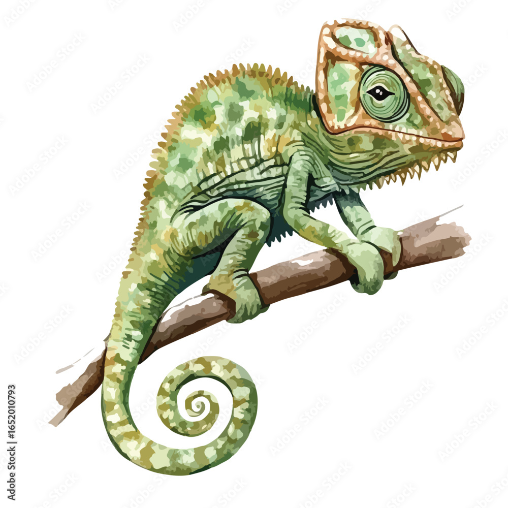 Fototapeta premium Vector Chameleon Perched on Branch with Detailed Scales and Distinctive Crest