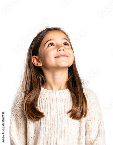 A young girl with long brown hair looks up with a hopeful expression, wearing a cream-colored sweater isolated on transparent background.