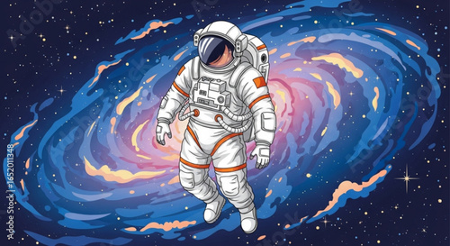 Astronaut in space suit with galaxy background, cosmic exploration and science fiction adventure