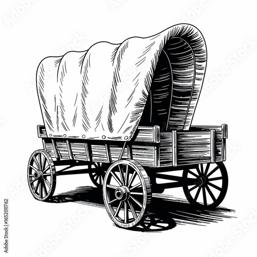Vintage covered wagon illustration in black and white sketch style