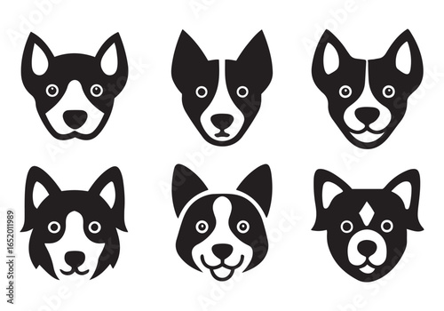 Dog Icon Set. Minimalist Black and White Breed Face Illustrations.