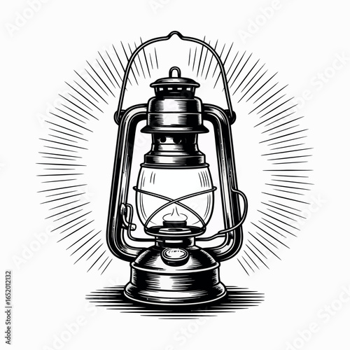 Vintage kerosene lantern with radiating light lines in a hand drawn style