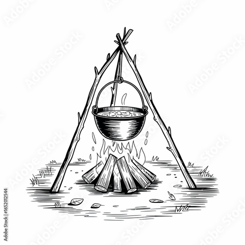Hand drawn illustration of a campfire with a pot hanging over it