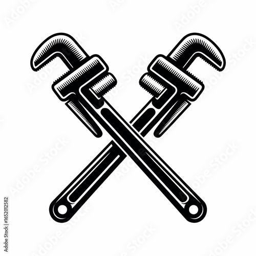 Two crossed pipe wrenches in a vintage illustration style