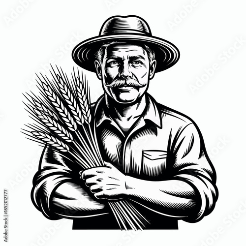 Farmer holding a bunch of wheat stalks in a vintage illustration style