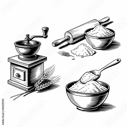 Vintage baking ingredients and tools sketch illustration