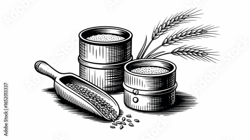 Hand drawn illustration of wheat grains in a scoop with wheat stalks and containers
