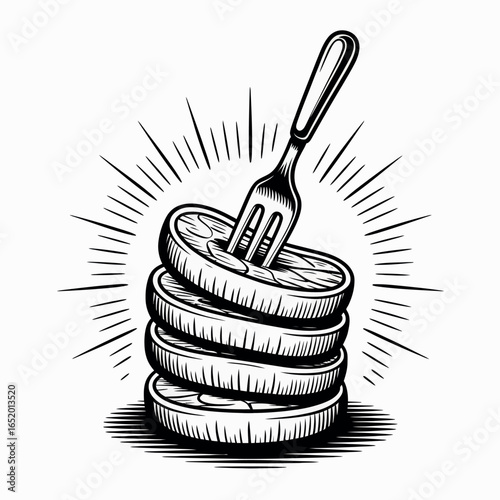 Fork stuck in stack of round food items with radiating lines