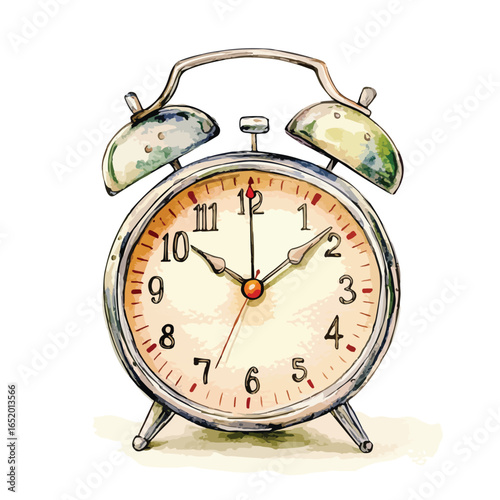 Vintage Alarm Clock Watercolor Illustration Timepiece with Bell Detail