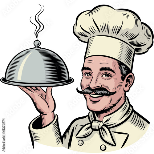Smiling chef holding a silver cloche with steam rising
