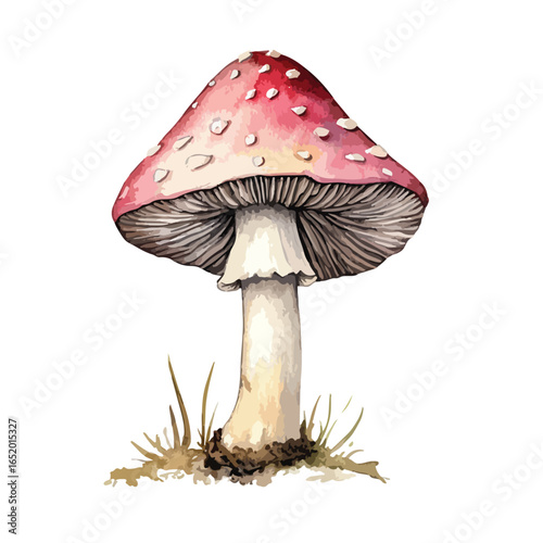 Watercolor Amanita Muscaria Mushroom with Red Cap and White Spots in Grass