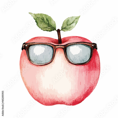 Watercolor Apple with Retro Glasses and Green Leaves
