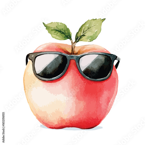 Watercolor Apple with Sunglasses and Leaves
