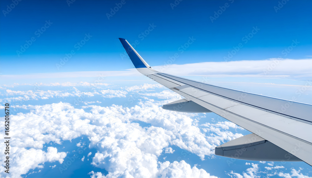 Fototapeta premium Airplane Wing Flying Above White Clouds in Blue Sky during Daylight Aerial View of Flight