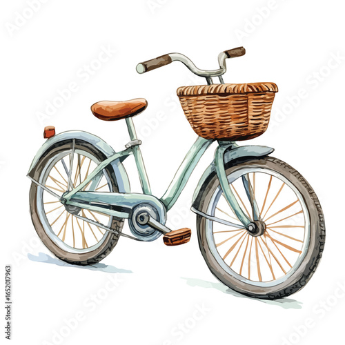 Watercolor Bicycle with Wicker Basket and Brown Seat Vintage Style Illustration