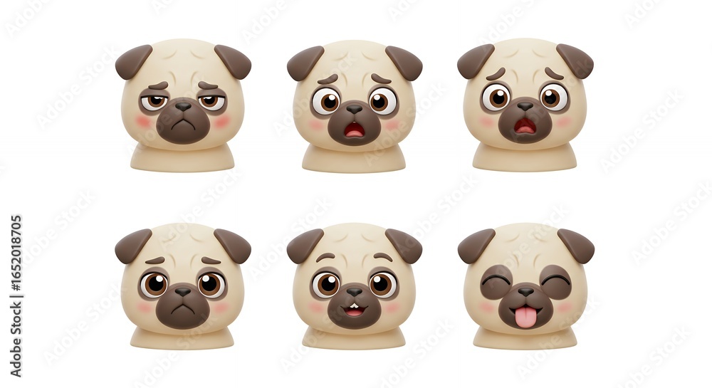 Obraz premium Pug dog faces expressions illustration set